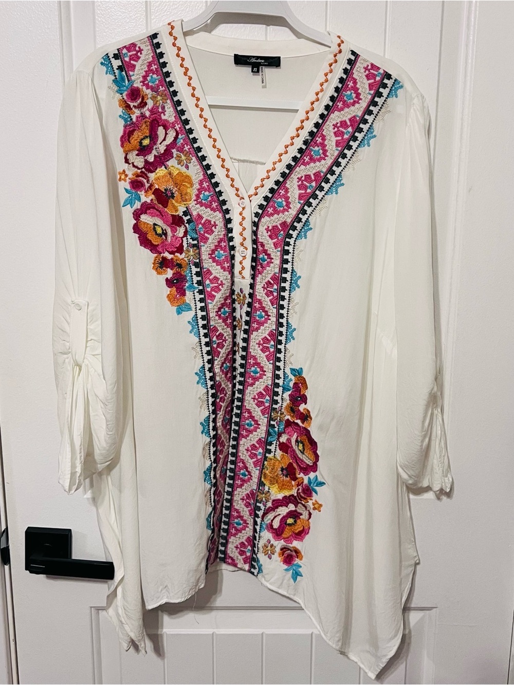 Andree by Unit Tunic Womens White Sheer Blue/Red Embroidery Peasant Boho 2X